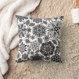 Black Gray White Retro Floral Art Seamless Pattern Cushion