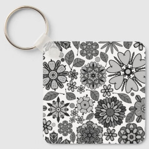Black Gray White Retro Floral Art Seamless Pattern Key Ring