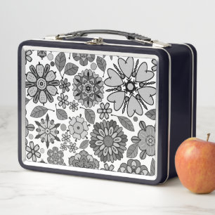 Black Gray White Retro Floral Art Seamless Pattern Metal Lunch Box