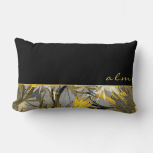 Black Gray & Yellow Artistic Floral   Monogram Lumbar Cushion