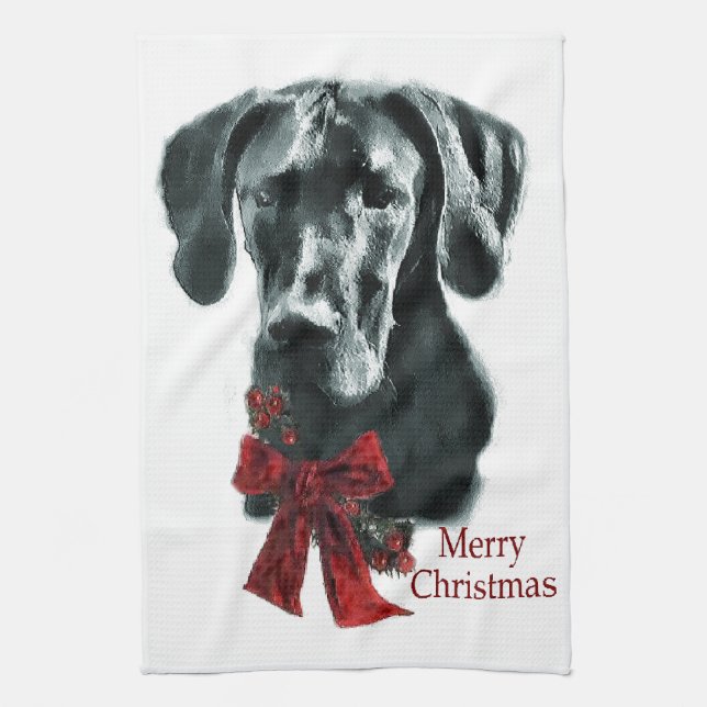 Black Great Dane Christmas Tea Towel (Vertical)
