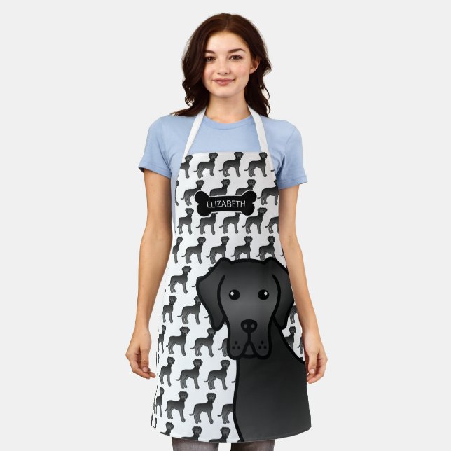 Black Great Dane Cute Cartoon Dog & Name Apron (Worn)