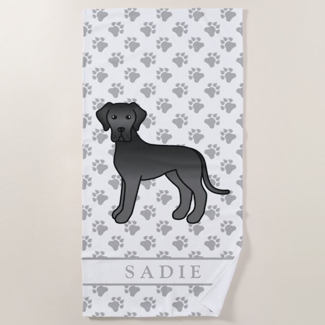 Black Great Dane Cute Cartoon Dog & Name Beach Towel (Front)