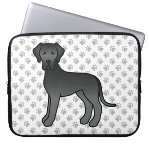 Black Great Dane Cute Cartoon Dog & Paws Laptop Sleeve