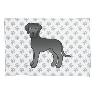 Black Great Dane Cute Cartoon Dog & Paws Pillowcase