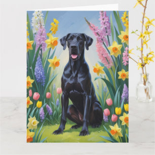 Black Great Dane Dog Spring Flowers Painting Card
