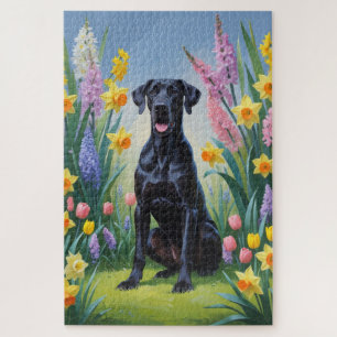 Black Great Dane Dog Spring Flowers Painting Jigsaw Puzzle