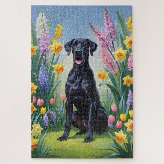 Black Great Dane Dog Spring Flowers Painting Jigsaw Puzzle (Vertical)