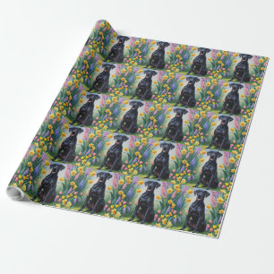 Black Great Dane Dog Spring Flowers Painting Wrapping Paper