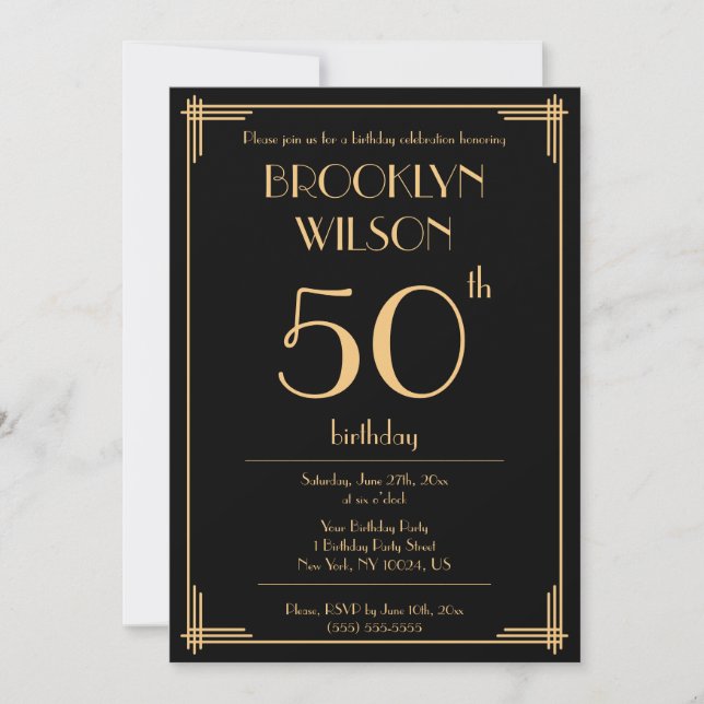 Black Great Gatsby Art Deco Birthday Party Invites (Front)