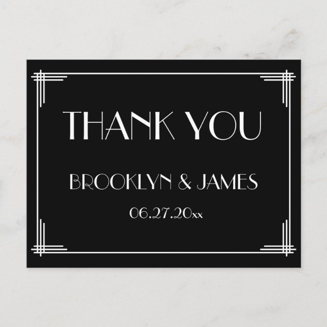 Black Great Gatsby Art Deco Wedding Thank You Postcard (Front)