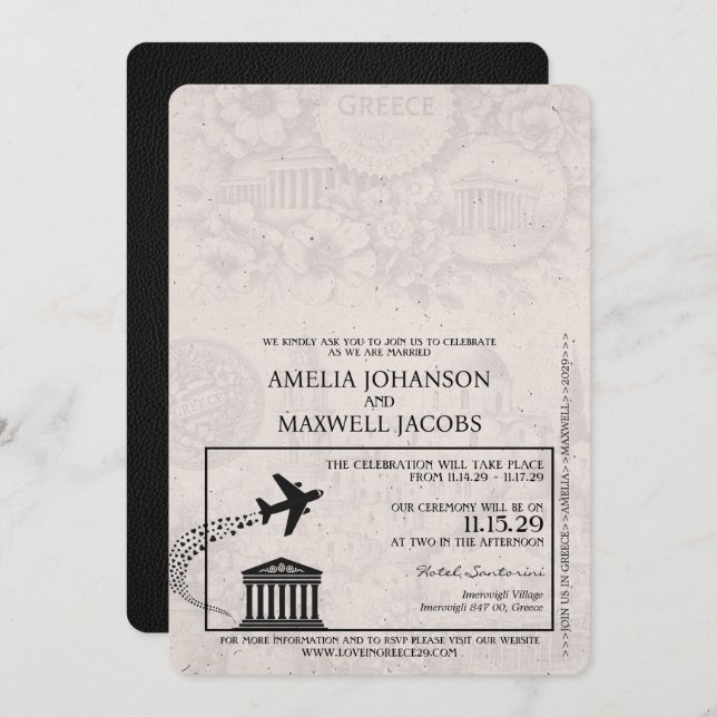 Black Greece Passport Wedding Invitation (Front/Back)