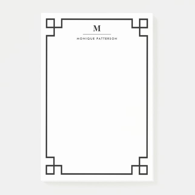 Black Greek Key Border Monogram Personalised Post-it Notes (Front)