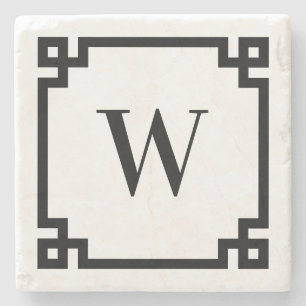 Black Greek Key Border Monogram Stone Coaster
