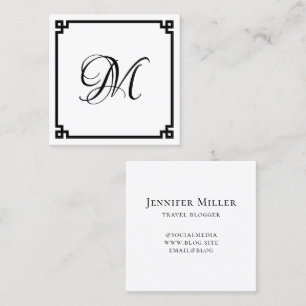 Black Greek Key Calligraphy Monogram Square Business Card