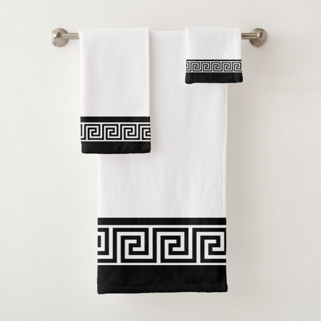 Black Greek Pattern on Black and White Bath Towel Set (Insitu)
