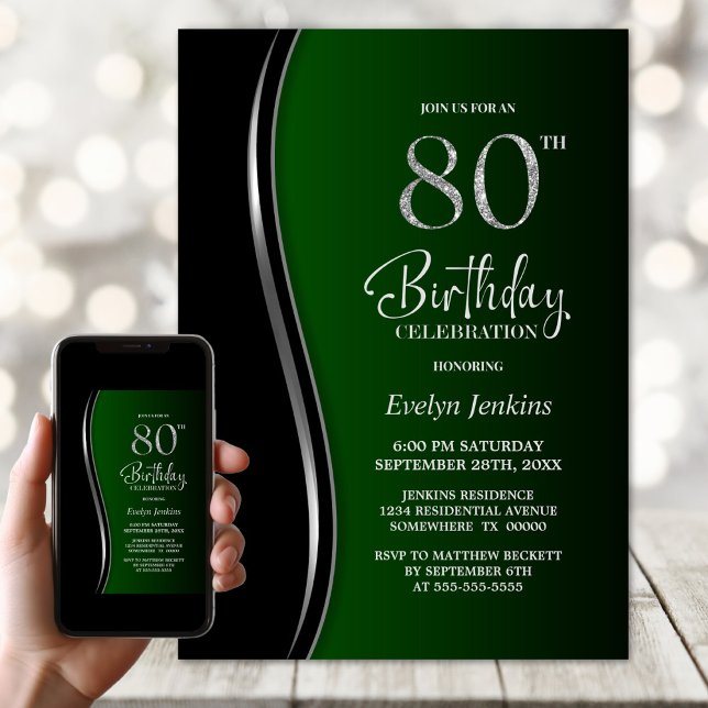 Black Green 80th Birthday Party Invitation (Creator Uploaded)