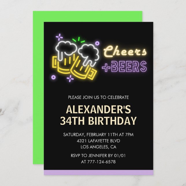 Black Green Adult Beer 34th birthday Invitation (Front/Back)