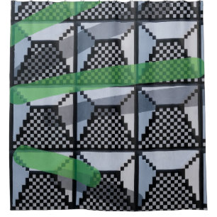 Black, green, and black checked wallpaper shower curtain