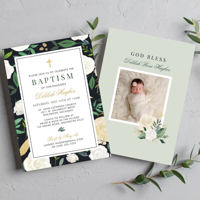 Black Green and Gold Floral Baptism Baby Girl Invitation (Creator Uploaded)