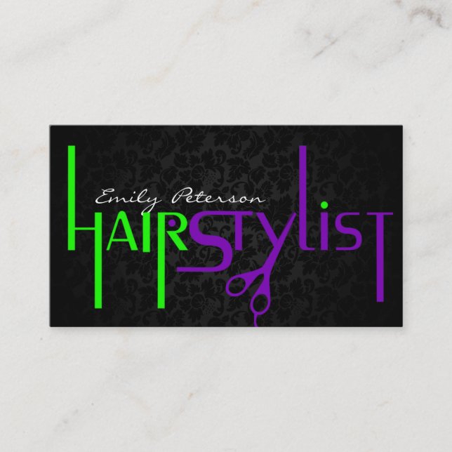 Black Green And Purple Hair Stylist Text Business Card (Front)