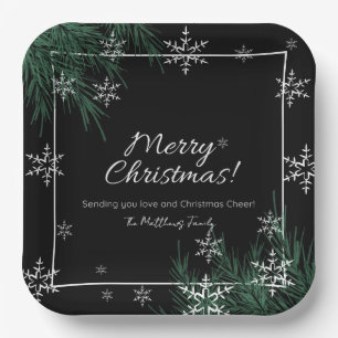 Black Green And White Snowflake Christmas  Paper Plate