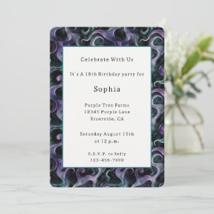 Black Green Aqua Purple Swirls Birthday Invitation