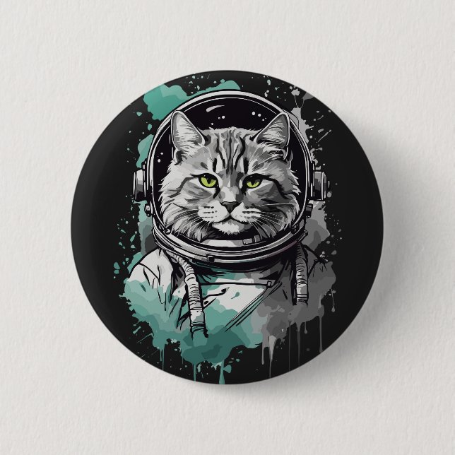 Black Green Astronaut Cat Design 6 Cm Round Badge (Front)