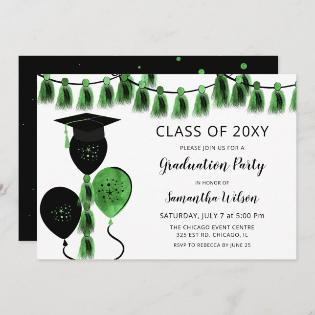 Black Green Balloons Grad Hat Graduation Party Invitation (Front/Back)