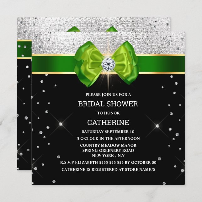 Black green bow elegant silver sparkle invitation (Front/Back)