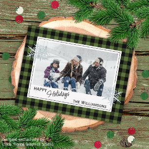 Black Green Buffalo Lumberjack Plaid & Snowflakes Postcard
