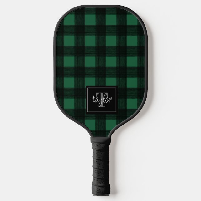 Black & Green Buffalo Plaid Check Monogram Initial Pickleball Paddle (Front)