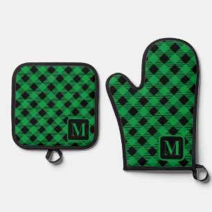 Black Green Buffalo Plaid Gingham Monogram Cute Oven Mitt & Pot Holder Set
