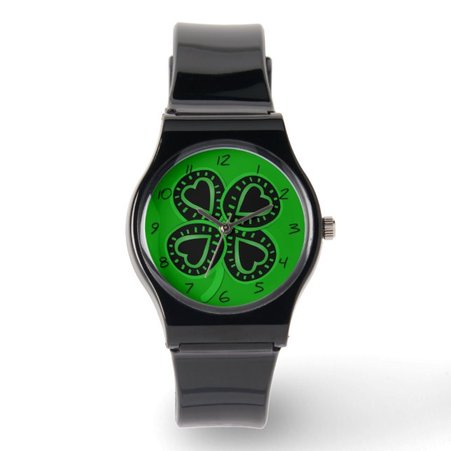 Black Green Clover with Heart B St Patrick's Watch (Front)