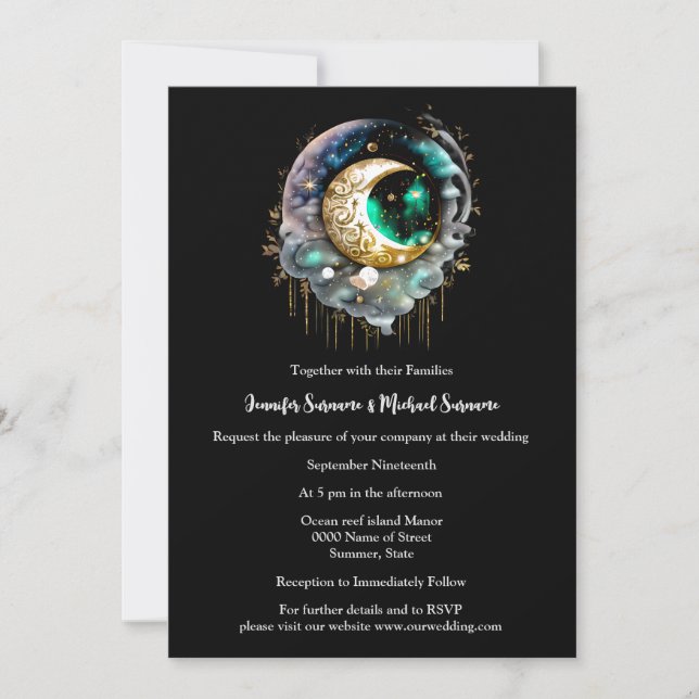 Black green crescent moon starry night chic invitation (Front)