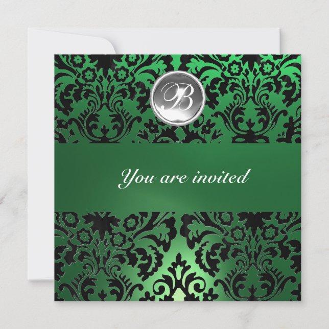BLACK & GREEN DAMASK GEM STONE MONOGRAM white ice Invitation (Front)