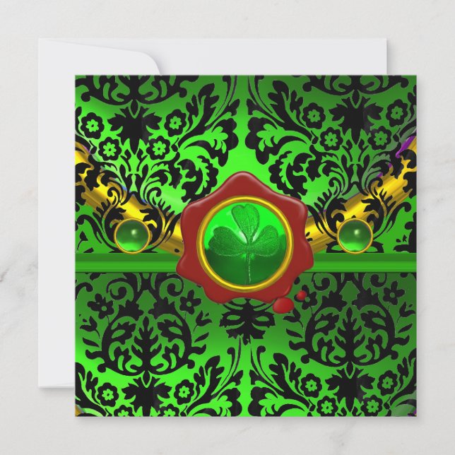 BLACK  GREEN DAMASK,SHAMROCK,RED WAX SEAL MONOGRAM INVITATION (Front)