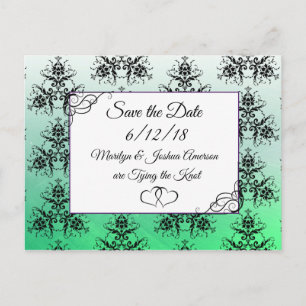 Black Green Damask Wedding Save the Date Postcards