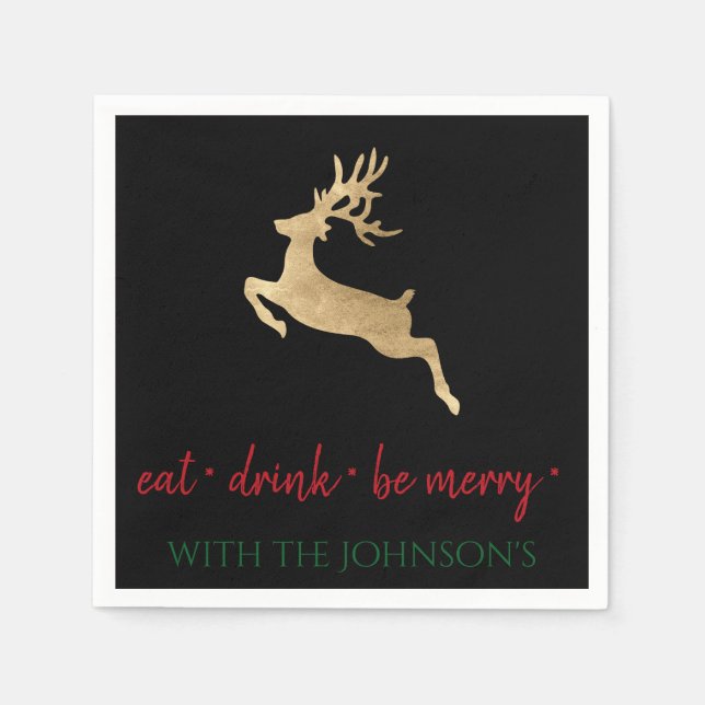 Black Green Eat Drink Be Merry Red Gold Deer Napkin (Front)