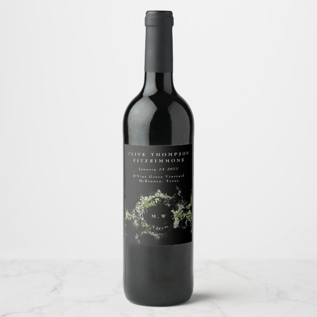 Black Green Eucalyptus Monogram Wreath Wedding  Wine Label (Front)
