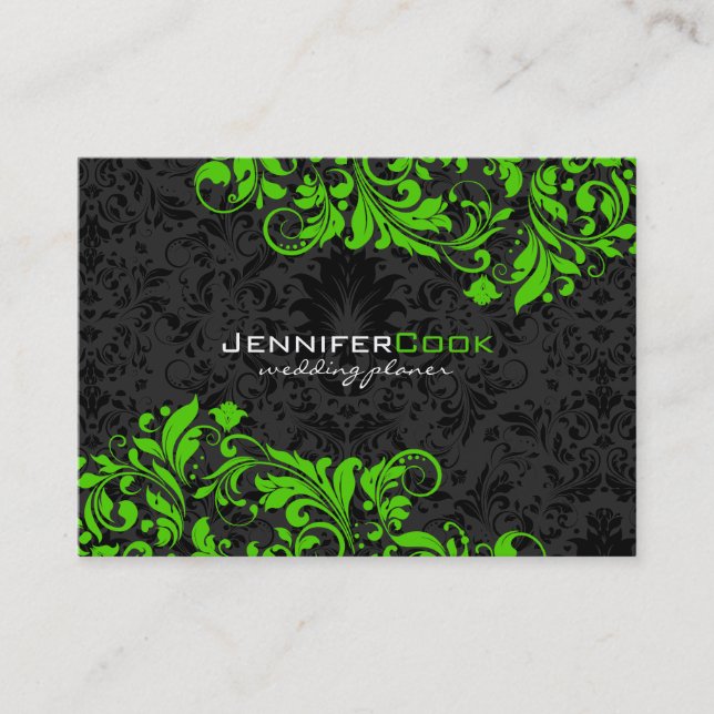 Black & Green Floral Damasks 5 Wedding Planner Business Card (Front)