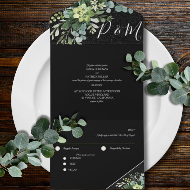 Black Green Floral Eucalyptus Minimalist Script  All In One Invitation (Creator Uploaded)