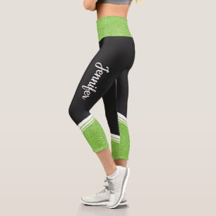 Black & green floral white stripe name modern capri leggings