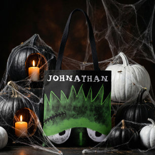 Black & Green Frankenstein Monster Face Halloween Tote Bag
