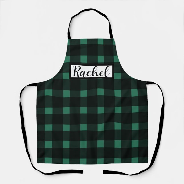 Black Green Gingham Personalised Apron (Front)