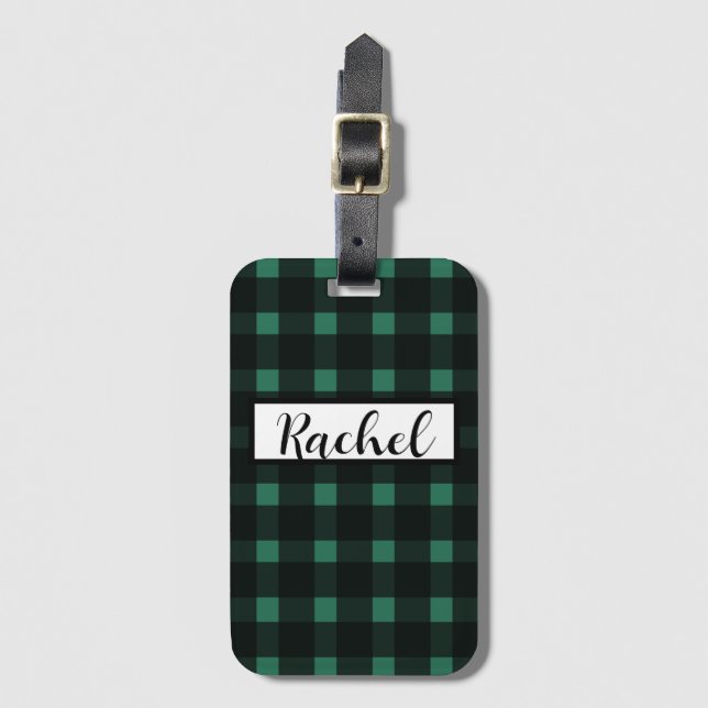 Black Green Gingham Personalised  Luggage Tag (Front Vertical)