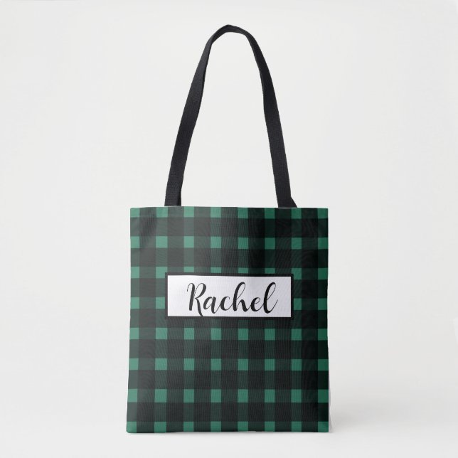Black Green Gingham Personalised  Tote Bag (Front)