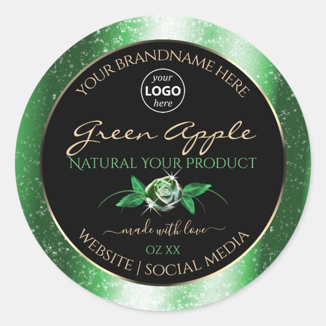Black Green Glitter Floral Product Labels Add Logo (Front)