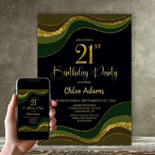 Black Green Gold Glitter 21st Birthday Party Invitation