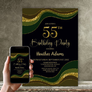 Black Green Gold Glitter 55th Birthday Party Invitation